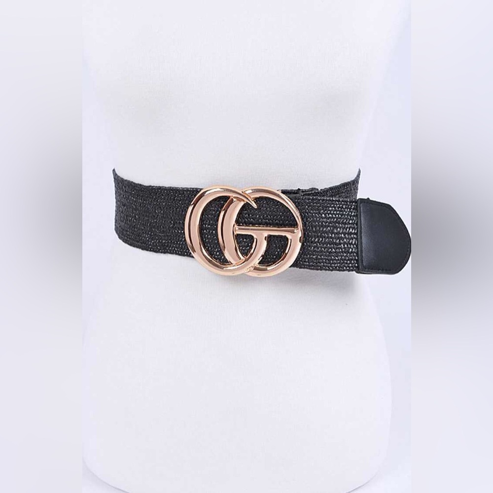Gold Buckle Elastic Straw Statement Belt